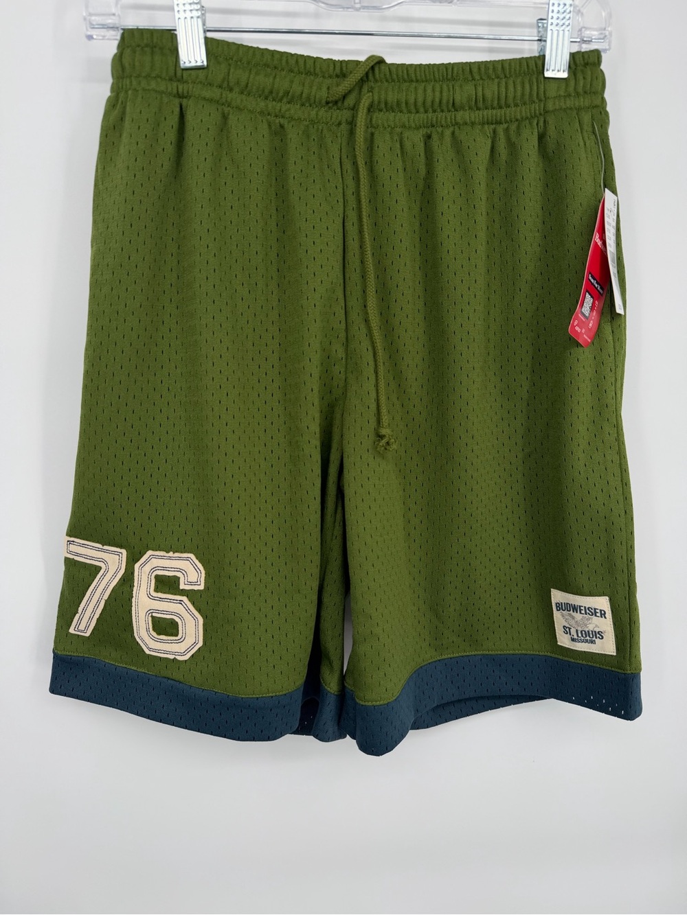 Budweiser Olive Green Athletic Mesh Shorts with Navy Hem